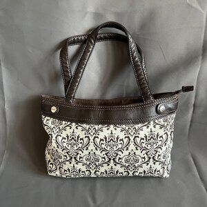 Elegant Brown & Cream Damask Print Handbag With Faux Leather Trim  Thirty-One